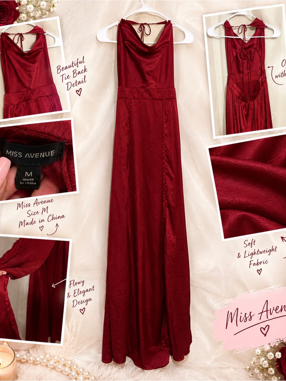 Miss Avenue Deep Red Satin Maxi Slip with Cowl Neck